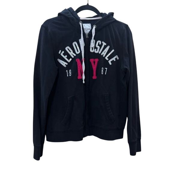 Y2K Aeropostale Full Zip Black White Sequin Hooded Jacket New York Women's Large - Picture 1 of 8